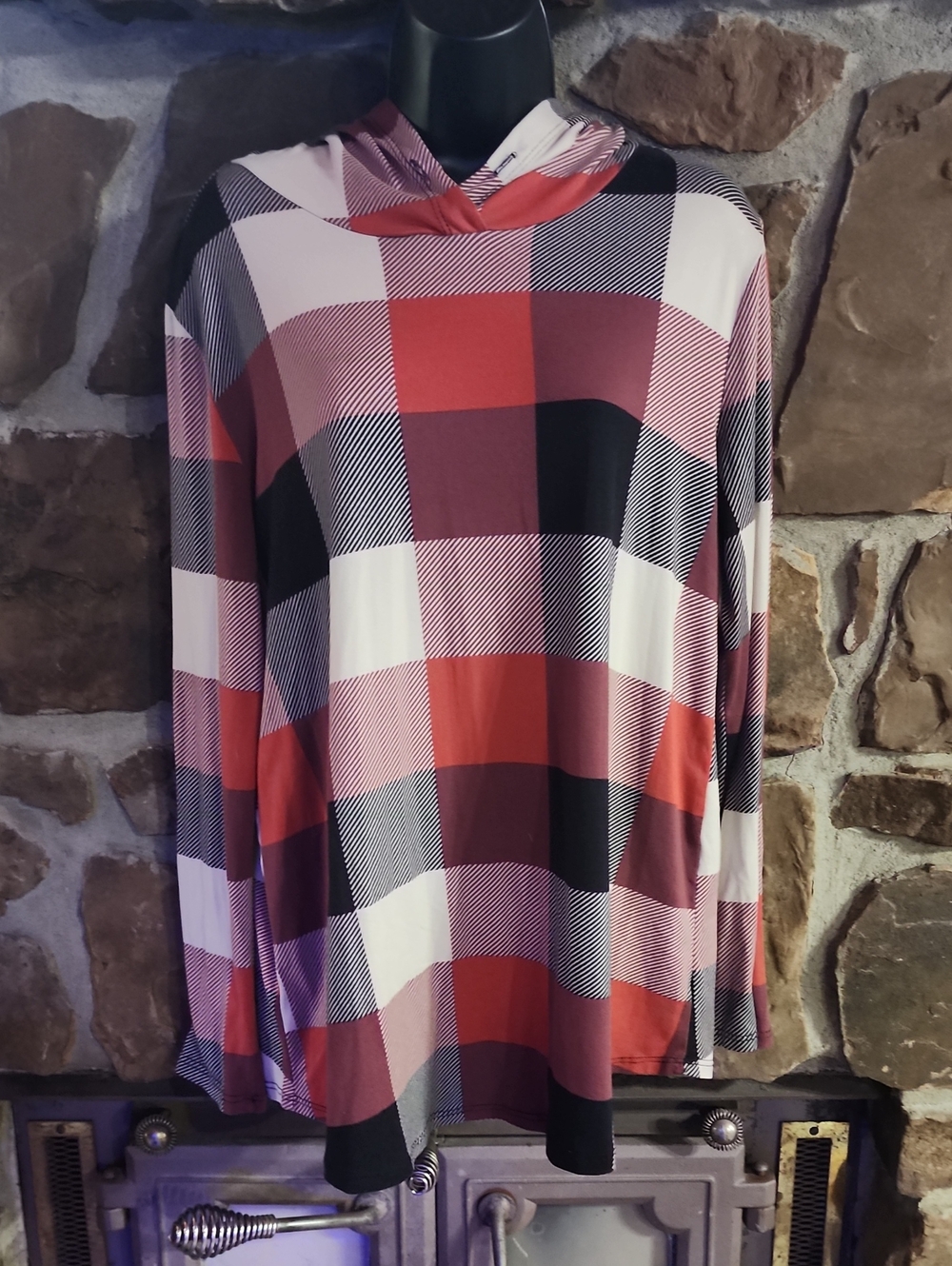 Plaid Hooded Pullover Sweatshirt in Red and Black - Women